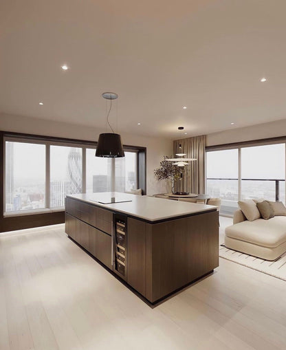 Modernt kök med köksö och integrerad Dunavox Nordic vinkyl i nordisk inredningsmiljö